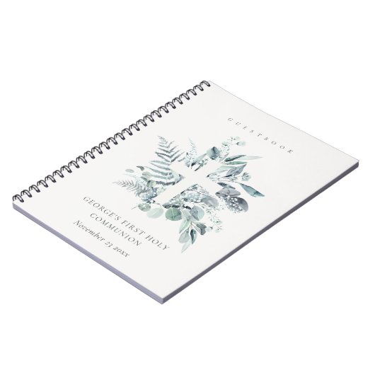 Fern Foliage Cross First Holy Communy Gästebuch Notizblock (Linke Seite)