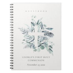 Fern Foliage Cross First Holy Communy Gästebuch Notizblock