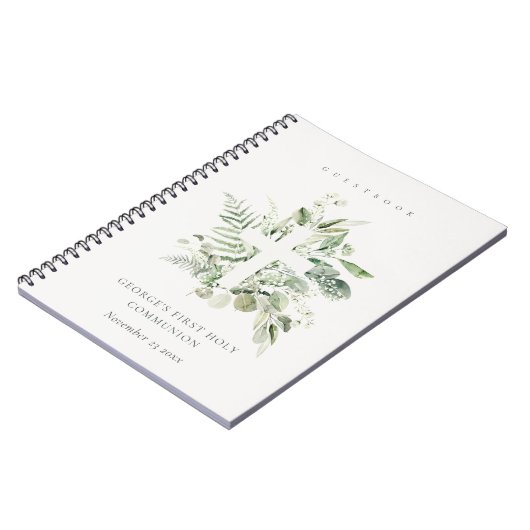 Fern Foliage Cross First Holy Communy Gästebuch Notizblock (Linke Seite)
