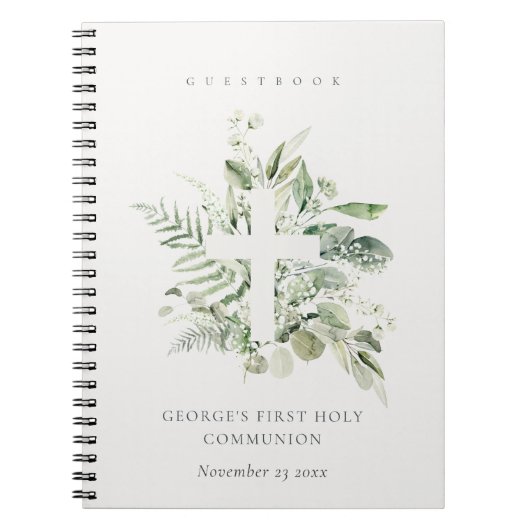 Fern Foliage Cross First Holy Communy Gästebuch Notizblock (Vorderseite)