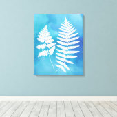 Fern Fronds, weiß auf blauem Aquarellboden Leinwanddruck (Insitu (Holzboden))