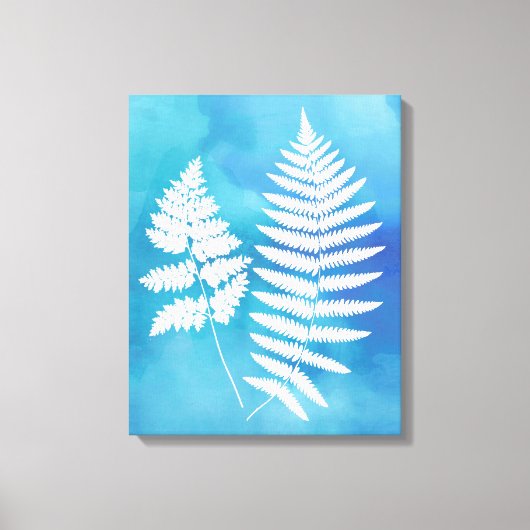 Fern Fronds, weiß auf blauem Aquarellboden Leinwanddruck (Vorderseite)