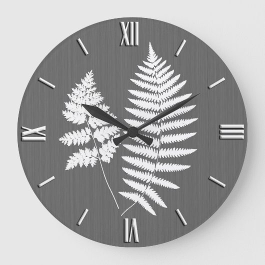 Fern Fronds, weiß auf Holzkohle grau / grau Große Wanduhr (Vorderseite)