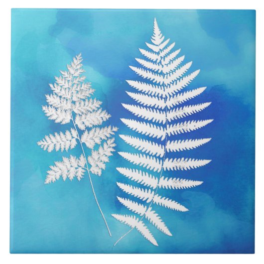 Fern Frontend, weiß auf blauem Aquarell Hintergrun Fliese (Vorderseite)
