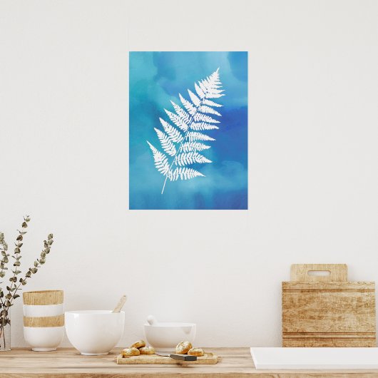 Fern Frontend, weiß auf blauem Aquarell Hintergrun Poster (Küche)