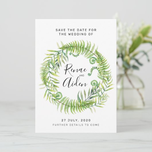 Fern Greenery Wedding Save the date, Tropical Save The Date (Stehend Vorderseite)