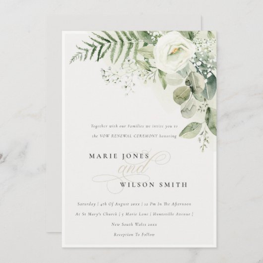 Fern Greenery White Floral Vow Renewal Einladung (Vorne/Hinten)