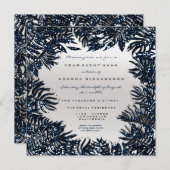 Fern Leafs Gerahmt Metallic Blue Navy Silver Gray Einladung (Vorne/Hinten)