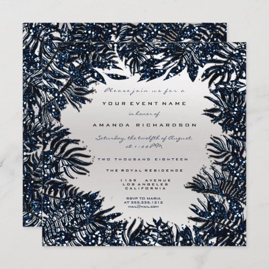 Fern Leafs Gerahmt Metallic Blue Navy Silver Gray Einladung (Vorne/Hinten)