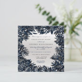 Fern Leafs Gerahmt Metallic Blue Navy Silver Gray Einladung (Stehend Vorderseite)
