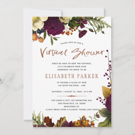 Ferndusche Bordeaux mit Blumendusche Einladung (Vorderseite)