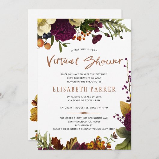 Ferndusche Bordeaux mit Blumendusche Einladung (Vorne/Hinten)