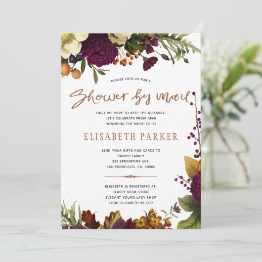 Ferndusche Bordeaux mit Blumendusche per Post Einladung (Stehend Vorderseite)