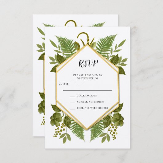 Ferns and Fauna Gold and Greenerity Wedding RSVP Einladung (Vorne/Hinten)