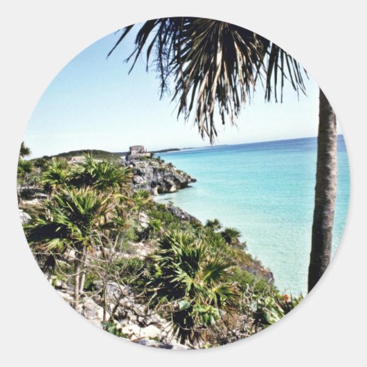 Fernsicht auf Mayan El Castillo, Tulum Runder Aufkleber (Vorderseite)