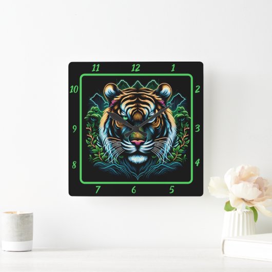 Ferocious Neon Tiger Portrait Quadratische Wanduhr (Zuhause)
