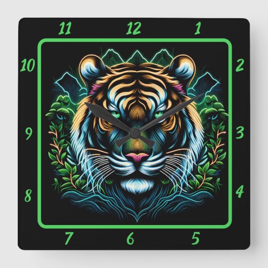 Ferocious Neon Tiger Portrait Quadratische Wanduhr (Vorderseite)