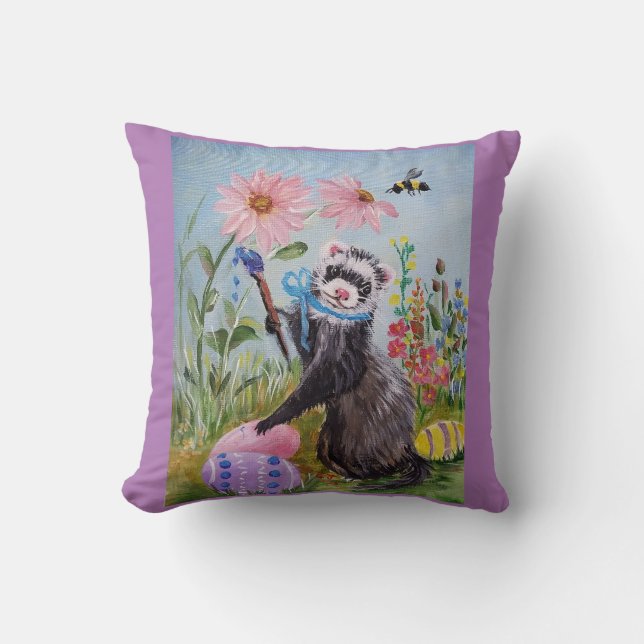 Ferret and Easter Eggs Throw Pillow Kissen (Vorderseite)