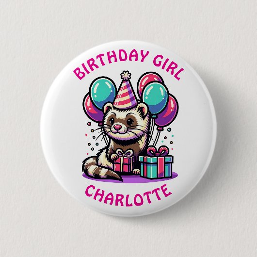 Ferret Themed Birthday Girl Party Personalisiert Button (Vorderseite)