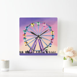 Ferris Wheel Sunset | Schöne Wasserfarbe Quadratische Wanduhr