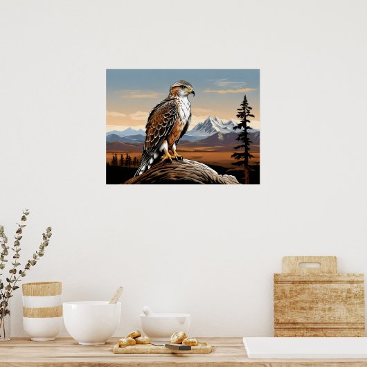 Ferruginous Hawk steht auf Felsen Poster (Küche)