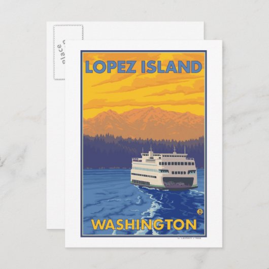 Ferry and Mountains - Lopez Island, Washington Postkarte (Vorne/Hinten)