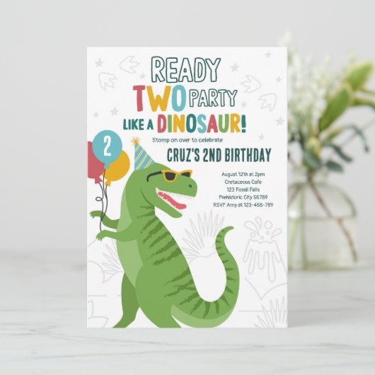 Fertigstellung Zwei Party Dinosaur T-Rex 2. Geburt Einladung (Stehend Vorderseite)