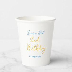fest 2. Geburtstagsname Datum gelb blau Boho Kinde Pappbecher