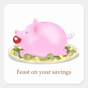 Fest auf Ihre Ersparnisse Piggy Bank on Plate of M Quadratischer Aufkleber