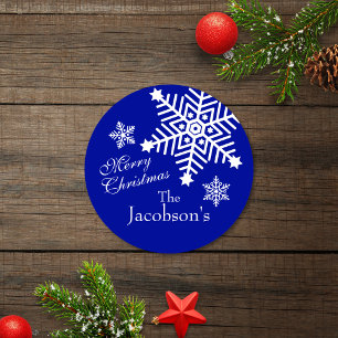 Fest Blaues Weiß Frohe Weihnachtsschneeflocken Runder Aufkleber