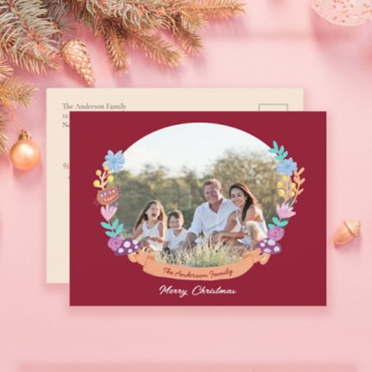 Fest Blumenreath Dunkles Rotes Foto Feiertagspostkarte