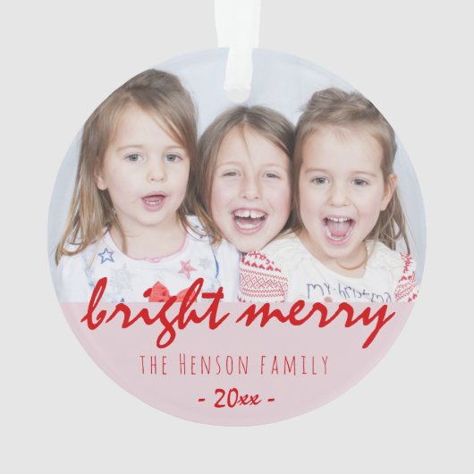 Fest Bright Merry Script Red Christmas Foto Ornament (Rückseite)