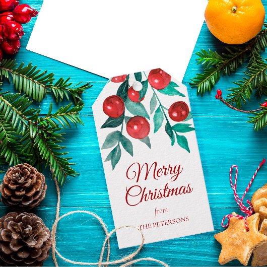 Fest Frohe Weihnachten Wasserfarbe Rote Berries Geschenkanhänger