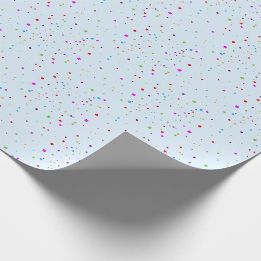 Fest gefeiertes buntes Confetti auf LICHT BLAU Geschenkpapier (Ecke)