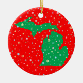 Fest Grün und Rot Karte von Michigan Snowfloakes Keramikornament