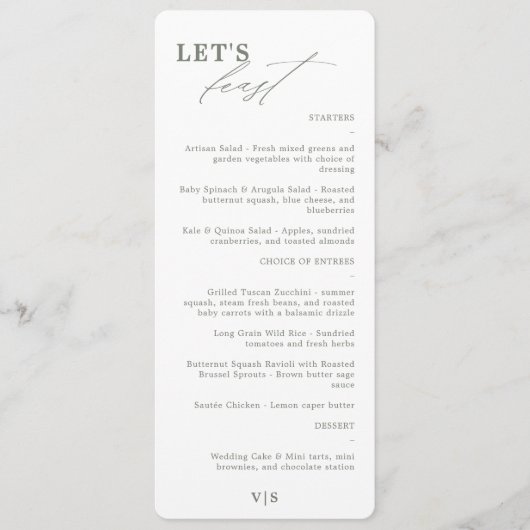 Fest moderne kalligraphische grüne Hochzeitsmenüs Menükarte (Vorderseite)