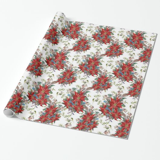 Fest: Rich Red Poinsettia Blume Wrapping Paper Geschenkpapier (Ungerollt)