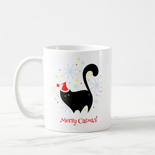 Fest Schwarze Katze in Weihnachtsmannmütze Merry C Kaffeetasse (Links)