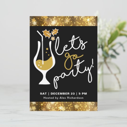 Fest Sparkling Gold Fireworks Weihnachts-Party Einladung (Stehend Vorderseite)