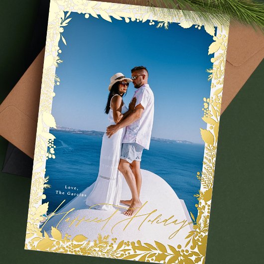 Festbeeren Traditioneller Goldrahmen GLÜCKLICH Folien Feiertagskarte