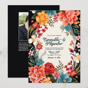 Feste Florale Hochzeitsfotos mit QR-Code in kräfti Einladung