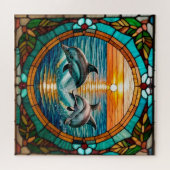 Feste Glaskunst mit Delphinen beim Sonnenuntergang Puzzle (Horizontal)