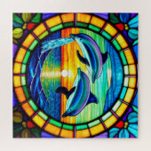 Feste Glaskunst mit Delphinen beim Sonnenuntergang Puzzle (Horizontal)