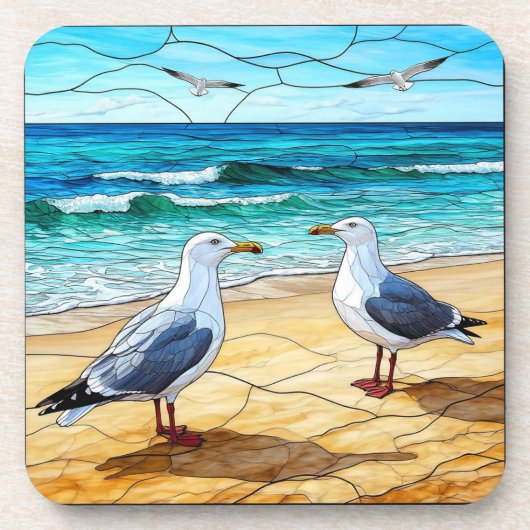Feste Glaskunst von Seagulls am Strand Getränkeuntersetzer (Vorderseite)