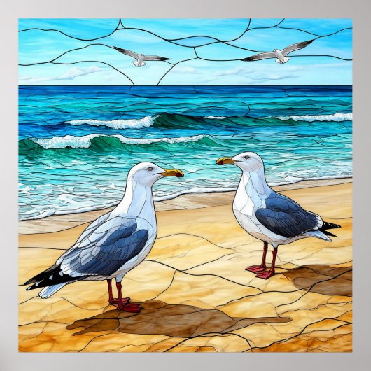 Feste Glaskunst von Seagulls am Strand Poster (Vorne)