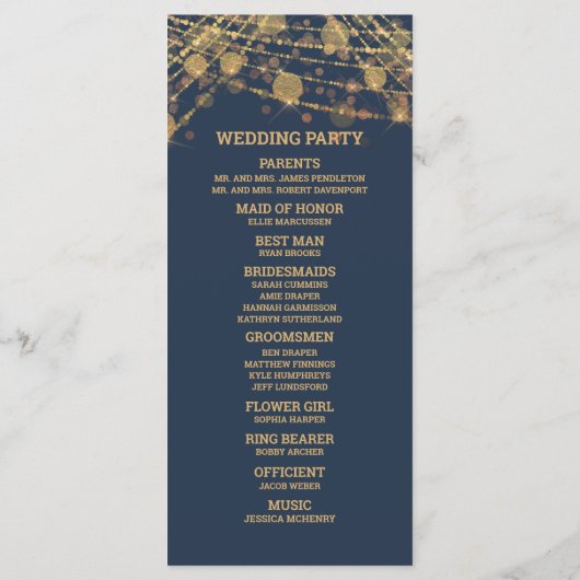 Feste Navy Blau Gold Lichterkette Hochzeitsprogram Programm (Rückseite)