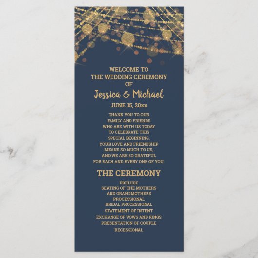 Feste Navy Blau Gold Lichterkette Hochzeitsprogram Programm (Vorderseite)