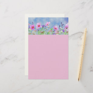 Feste rosa und blaue Blumen gesäumte Schriften Briefpapier