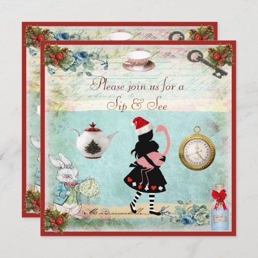 Feste Sip & See Alice & Flamingo Babydusche Einladung (Vorne/Hinten)