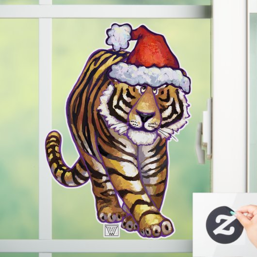 Feste Tiger in einer Weihnachtsmannmütze Fensterkl Fensteraufkleber (Zuhause)